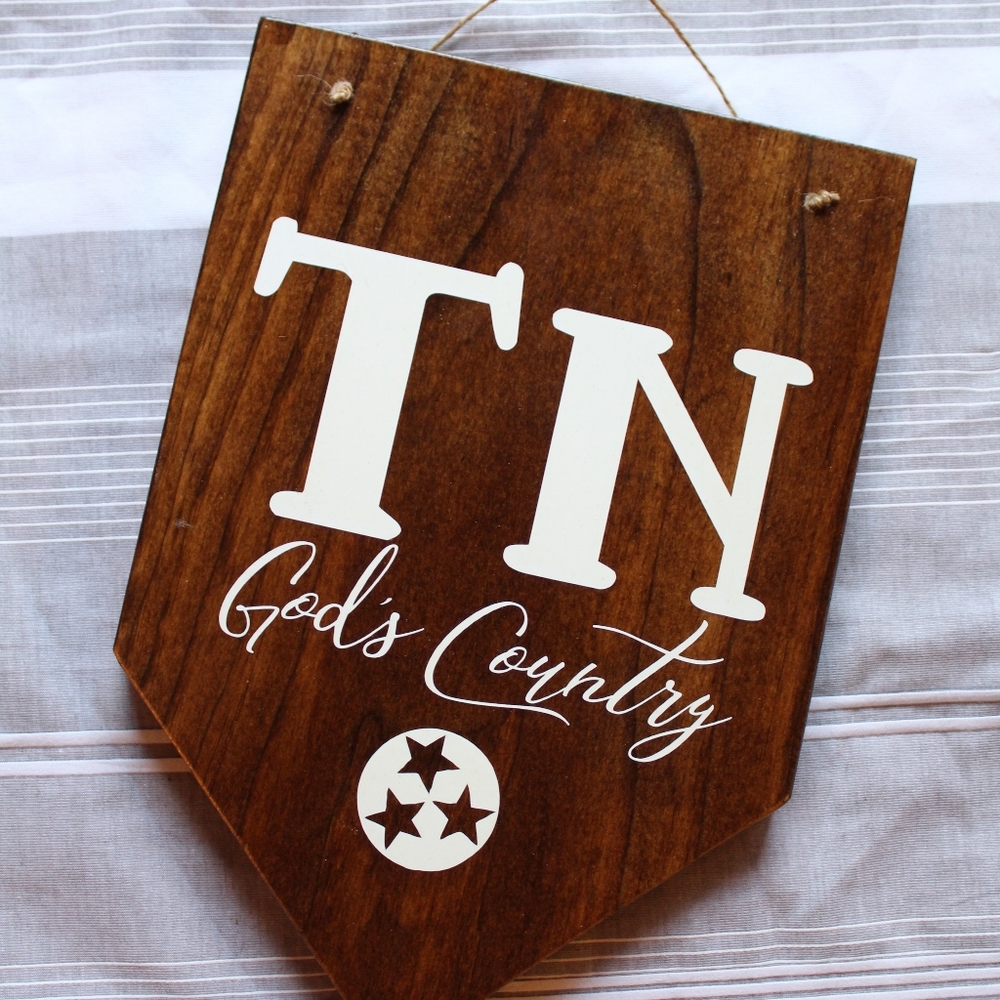 Rustic Tennessee TN 'God's Country' Wood Wall Sign - White on Brown